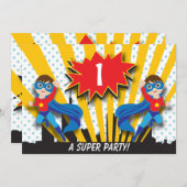 Twins Superheld zum Geburtstag| Boys Brown Hair Einladung (Vorne/Hinten)