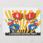 Twins Superhero Birthday | Boys Brown/Blonde Hair Einladung (Vorderseite)