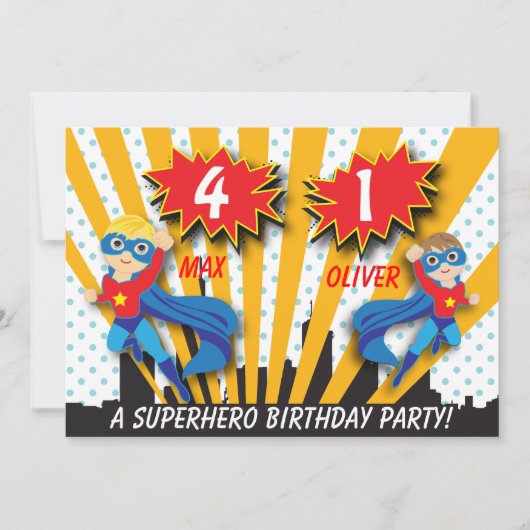 Twins Superhero Birthday | Boys Brown/Blonde Hair Einladung (Vorderseite)