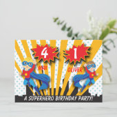Twins Superhero Birthday | Boys Brown/Blonde Hair Einladung (Stehend Vorderseite)