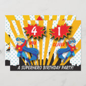 Twins Superhero Birthday | Boys Brown/Blonde Hair Einladung (Vorne/Hinten)