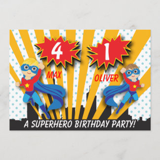 Twins Superhero Birthday | Boys Brown/Blonde Hair Einladung
