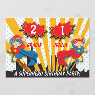 Twins Superhero Birthday   Rote Mädchen/Blonde Haa Einladung