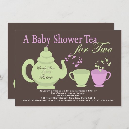 Twins Tea Party Baby Shower Einladung (Vorne/Hinten)