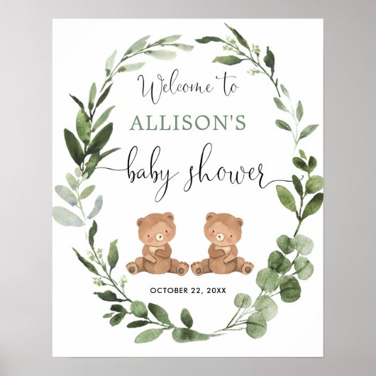 Twins Teddy Bär Baby Dusche Begrüßungszeichen Poster (Vorne)