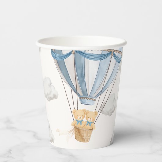 Twins Teddy Bear Blue Hot Air Balloon Pappbecher (Rückseite)