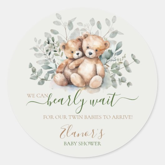 Twins Teddy Bear Greenery Boho Neutral Baby Shower Runder Aufkleber (Vorderseite)