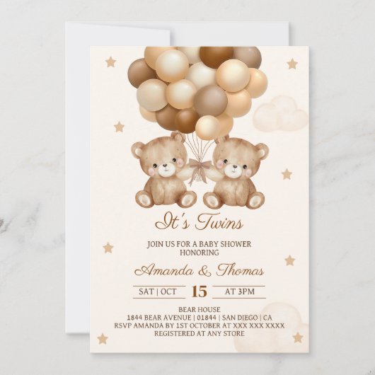 Twins Teddy Bear Neutral Balloon Babydusche Einladung (Vorderseite)