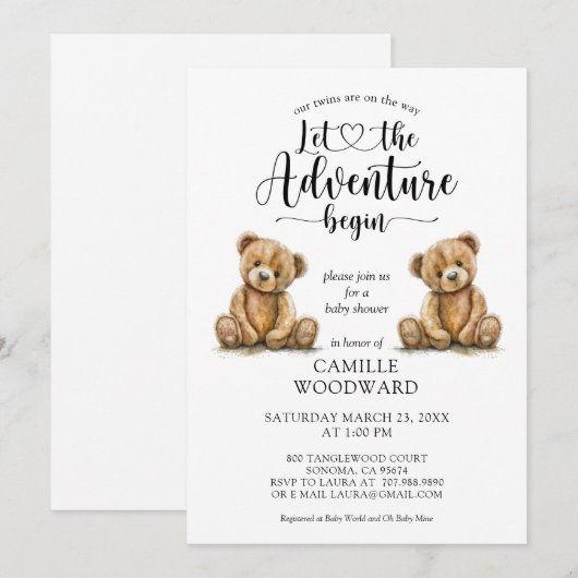 Twins Teddy Bears Kinderdusche Einladung (Vorne/Hinten)