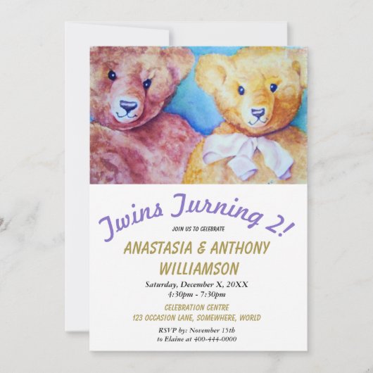 TWINS TURNING 2 mit TEDDY BEARS PARTY EINLADUNG (Vorderseite)