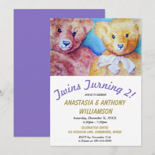 TWINS TURNING 2 mit TEDDY BEARS PARTY EINLADUNG