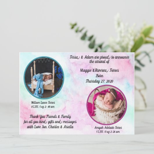 Twins Watercolor Geburtserklärung Einladung (Stehend Vorderseite)