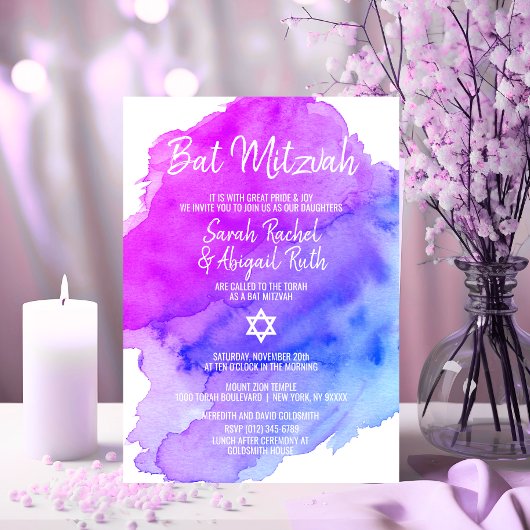 Twins Watercolor Lila Blue Star BAT MITZVAH Einladung
