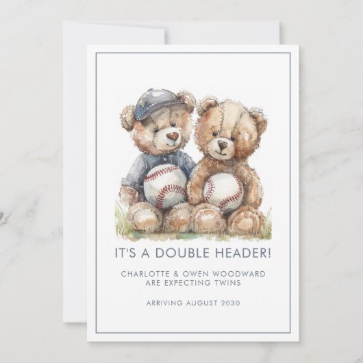 Twins Watercolor Teddy Bears Pregnancy Ankündigung (Vorderseite)