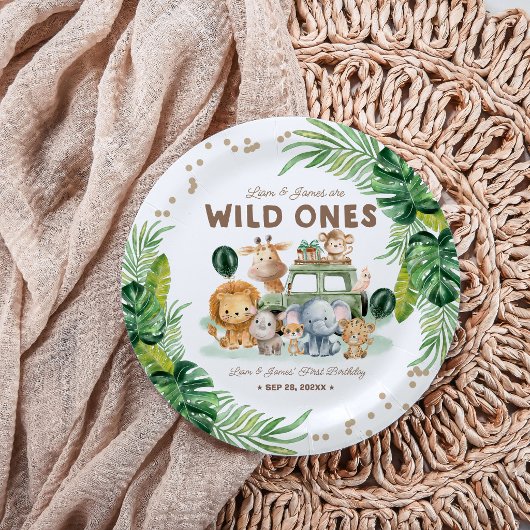 Twins Wild One 1st Birthday Safari Animals Pappteller