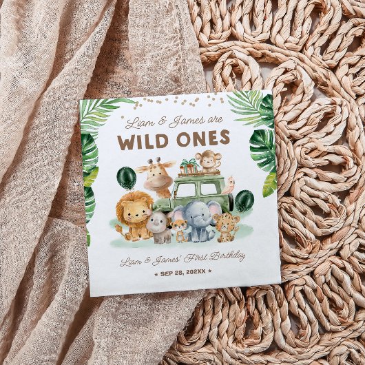 Twins Wild One 1st Birthday Safari Animals Serviette