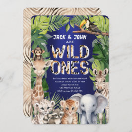 Twins Wild Ones, Jungle Safari Navy 1. Geburtstag Einladung