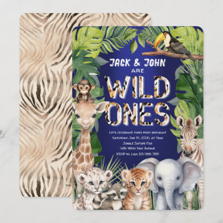 Twins Wild Ones, Jungle Safari Navy 1. Geburtstag Einladung