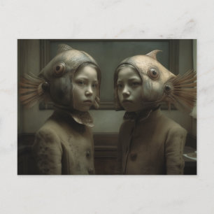 Twins with Fish on Heads Horror Kunst Postkarte
