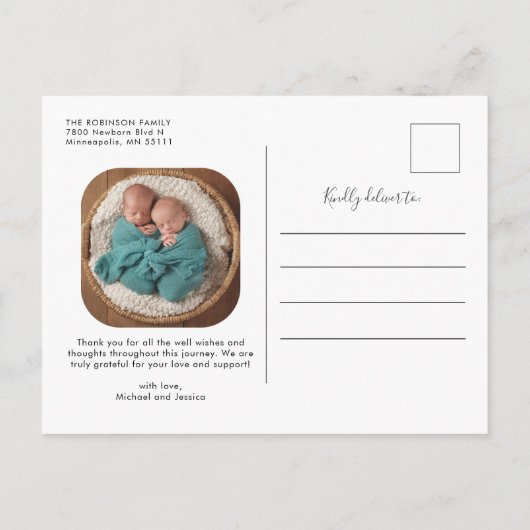 TWINS Zweimal gesegnetes Baby Foto Geburtserklärun Ankündigungspostkarte (Rückseite)