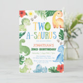 Two A-Saurus Dino 2. Geburtstag Einladung (Stehend Vorderseite)