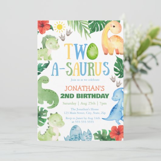 Two A-Saurus Dino 2nd Birthday Einladung (Stehend Vorderseite)