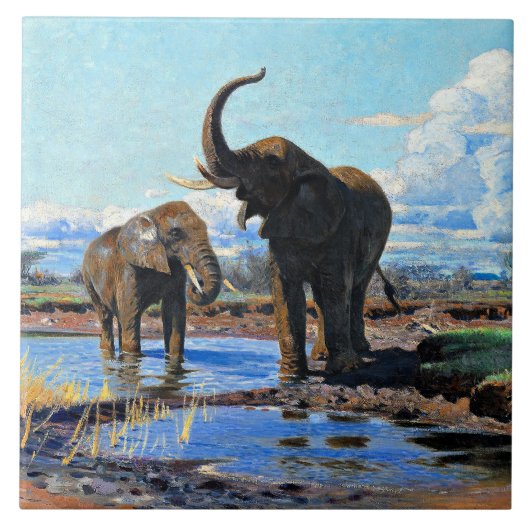 Two African Elephants at Watering Hole Fliese (Vorderseite)