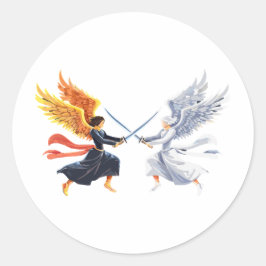 Two Angel with large sword with open wings Runder Aufkleber