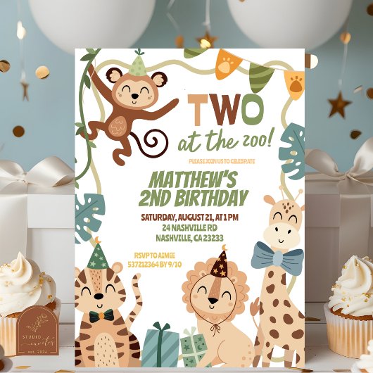 TWO at the zoo boy birthday invitation Einladung