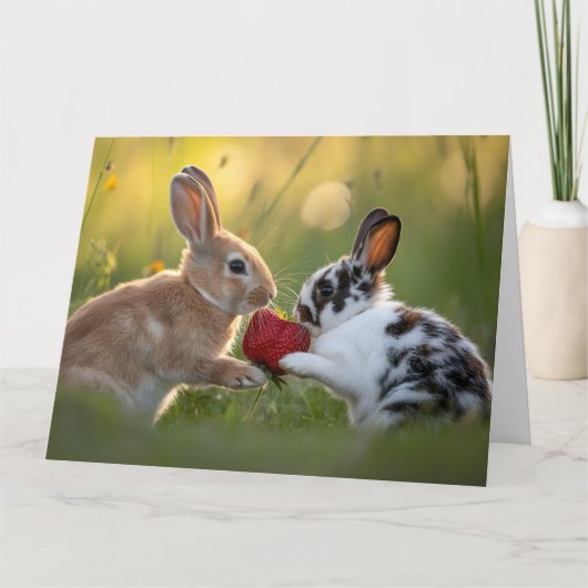 Two Baby Rabbits Sharing a Large Ripe Strawberry Karte (Vorderseite)