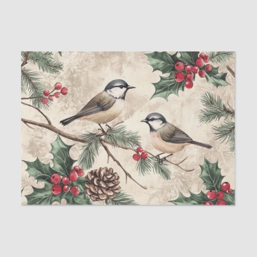 Two Birds on Branches with Holly Berries Seidenpapier (Vorderseite)