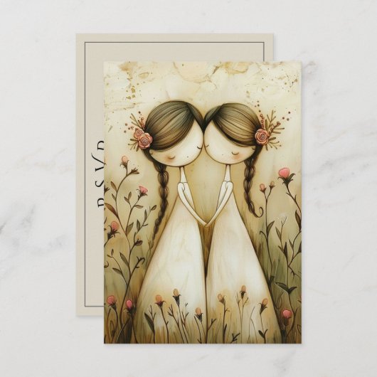 Two Brides Hand Drawn Pencil Illustration RSVP Karte (Vorne/Hinten)