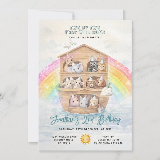 TWO BY TWO Noah's Ark Birthday Rainbow Einladung (Vorderseite)