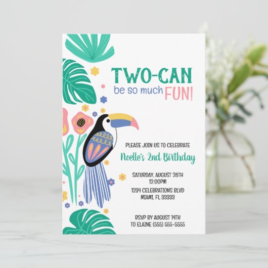 TWO-CAN (Toucan) Tropischer Geburtstag Einladung (Stehend Vorderseite)