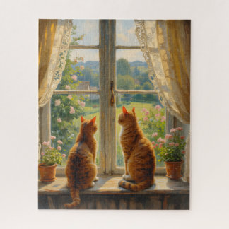 Two Cats sitting in a bay window seat  Puzzle