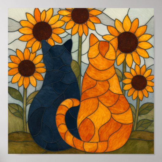 Two Cats with Sunflowers Stained Glass Pattern Poster (Vorne)