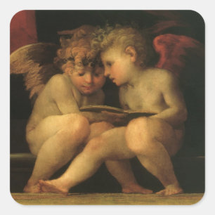 Two Cherubs Reading by Rosso Fiorentino, Angels Quadratischer Aufkleber