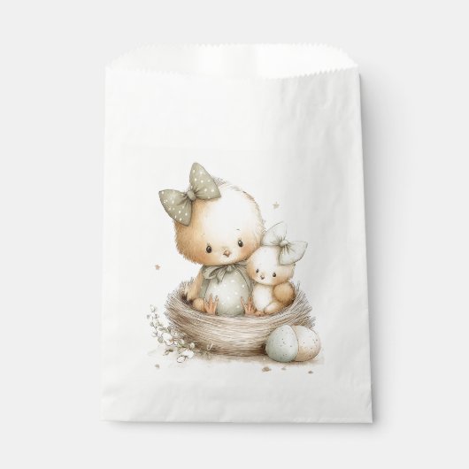 two chicks with a bow in a wicker basket with East Geschenktütchen (Vorderseite)