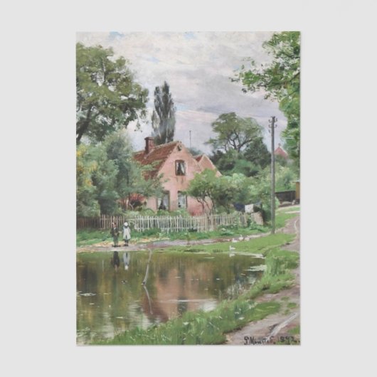 Two Children by a Duck Pond by Peder Mork Monsted Seidenpapier (Vorderseite)