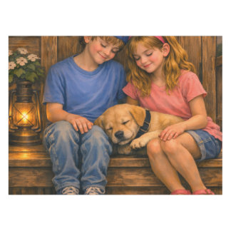 Two Children with Sleeping Puppy Rustic Tablecloth Tischdecke