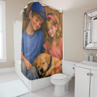 Two Children with Sleeping Puppy Shower Curtain Duschvorhang