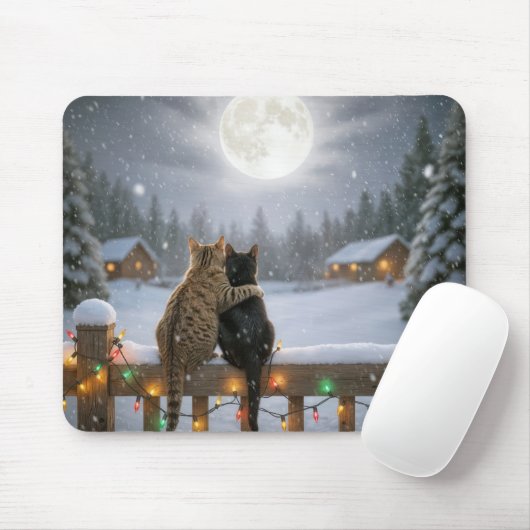 Two Christmas Cats Snuggling on a Snowy Fence Mousepad (Mit Mouse)