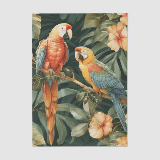 Two Colorful Parrots Tropical Flower Branch Seidenpapier (Vorderseite)