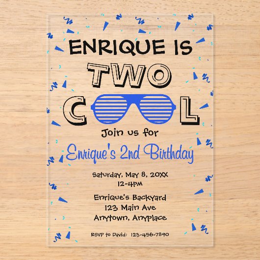 TWO Cool Sunglass 2nd Birthday Party Acryleinladungen (Vorderseite)