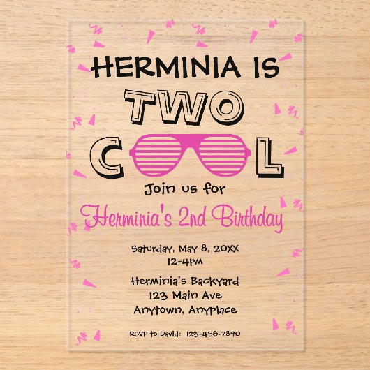 TWO Cool Sunglass 2nd Birthday Party Acryleinladungen (Vorderseite)