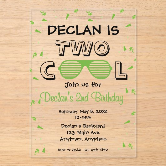 TWO Cool Sunglass 2nd Birthday Party Acryleinladungen (Vorderseite)