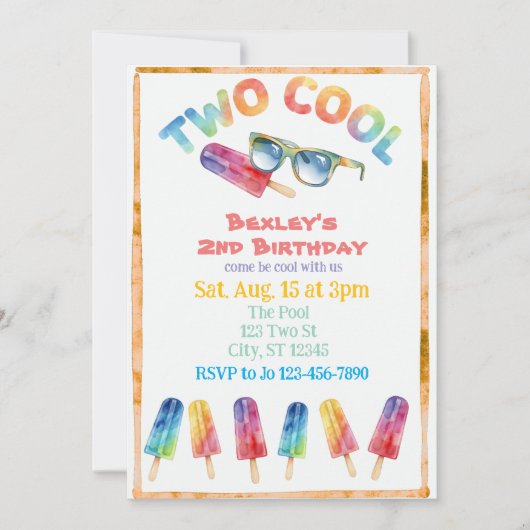 TWO Cool, Watercolor Popsicle 2nd Birthday Einladung (Vorderseite)