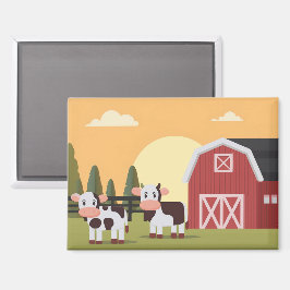 Two Cows and a Red Barn at Sunrise Magnet