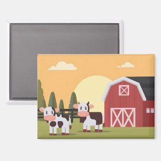 Two Cows and a Red Barn at Sunrise Magnet