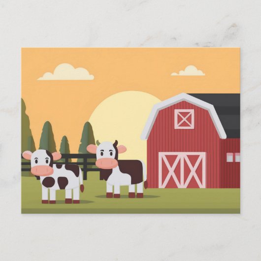 Two Cows and a Red Barn at Sunrise Postkarte (Vorderseite)